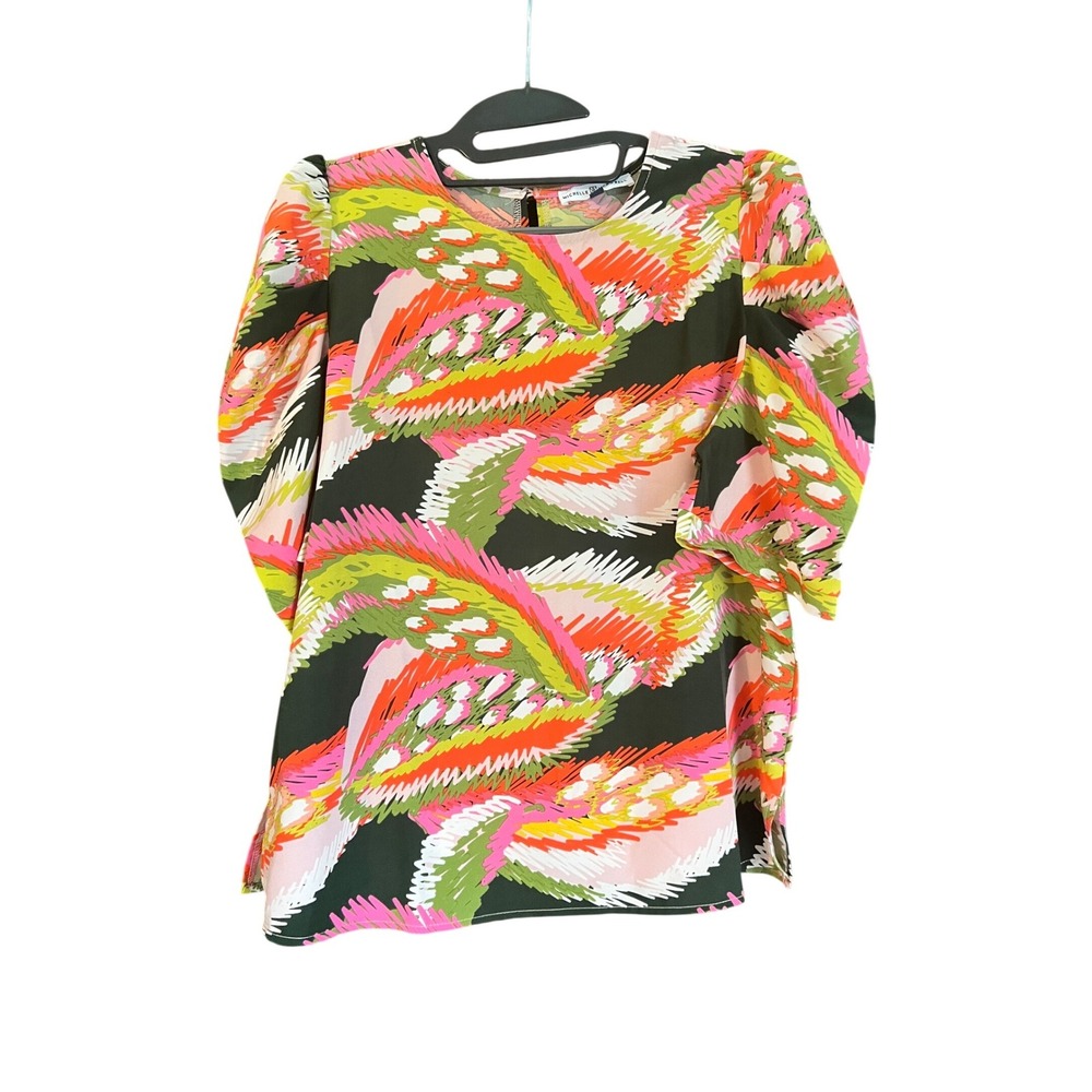 Michelle McDowell Abstract Feather Print Puff Sleeve Blouse Neon Pink Green Med